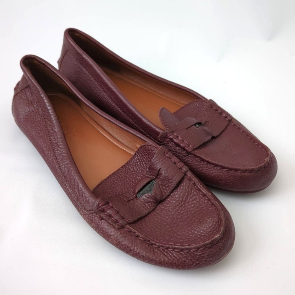 Coach Women's Burgundy Pebble Grain Leather Flats 8 Penny Loafer Slip On Shoes